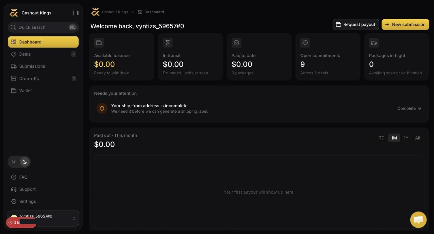 The Cashout Kings dashboard, showing balance, in transit, paid to date, open commitments and packages in flight