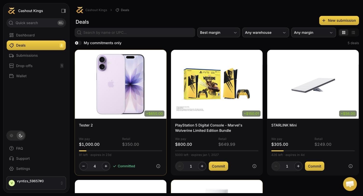 The deals catalogue, with product images, payout, retail price and a margin badge on each card