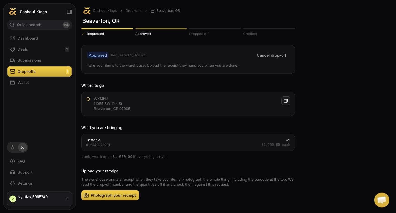 An approved drop-off, showing the progress track, the warehouse address with a copy button, and the receipt upload