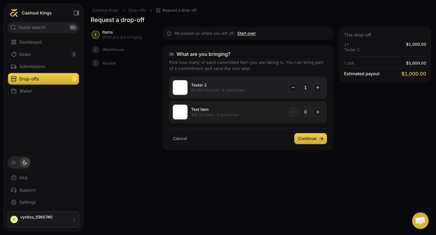 The first step of a drop-off request, choosing quantities