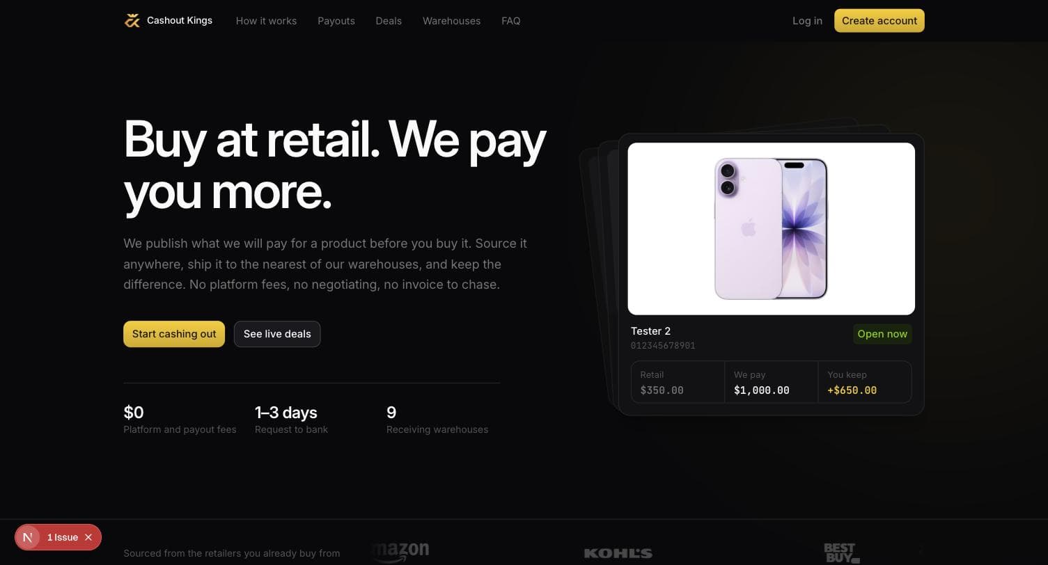 The Cashout Kings landing page, showing an open deal with its retail price, our payout and the margin