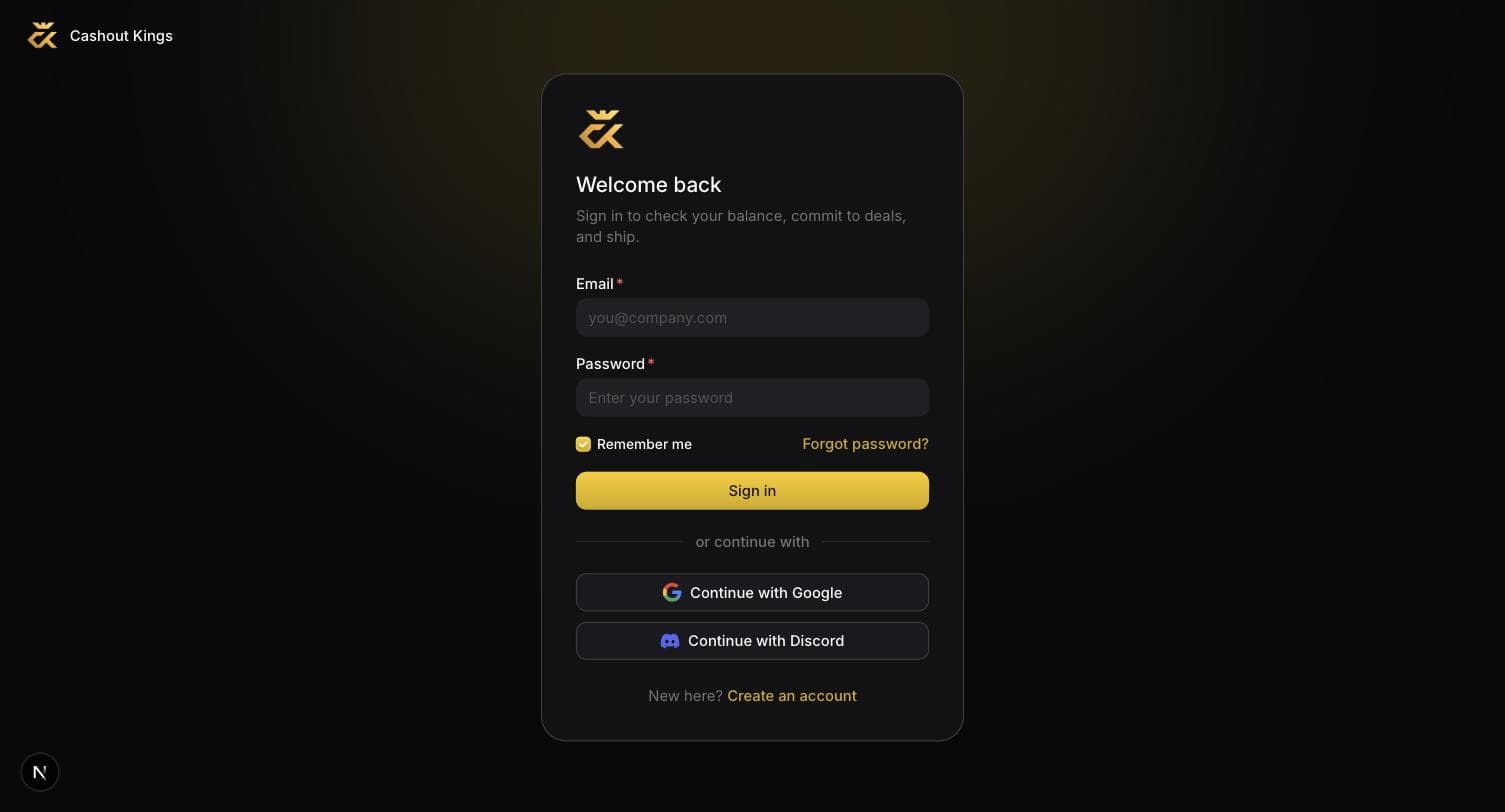 The Cashout Kings sign-in screen, offering email, Google and Discord