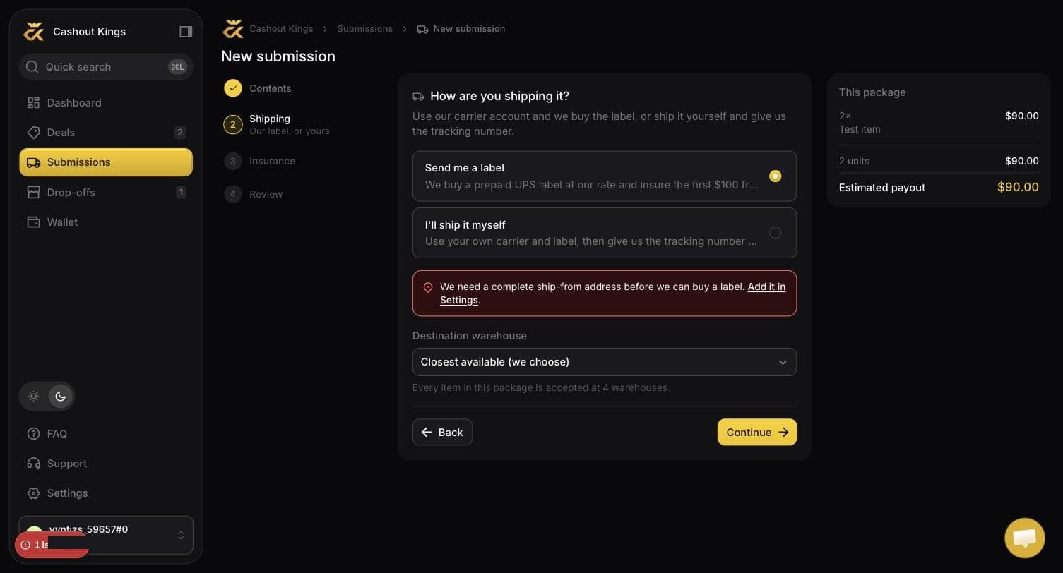 The shipping step, choosing between a label we buy and your own carrier