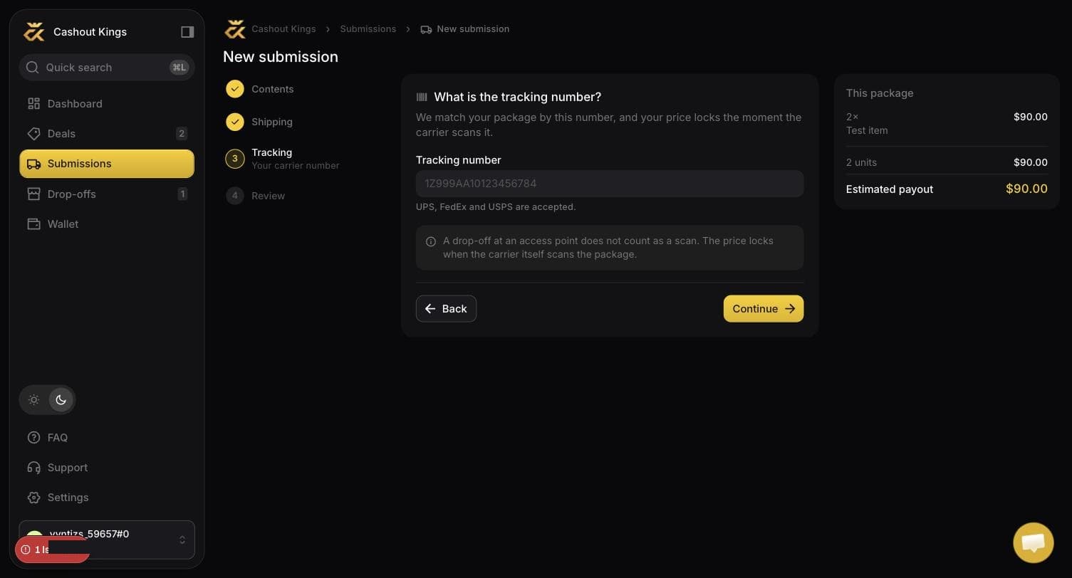 The tracking step, accepting UPS, FedEx and USPS numbers