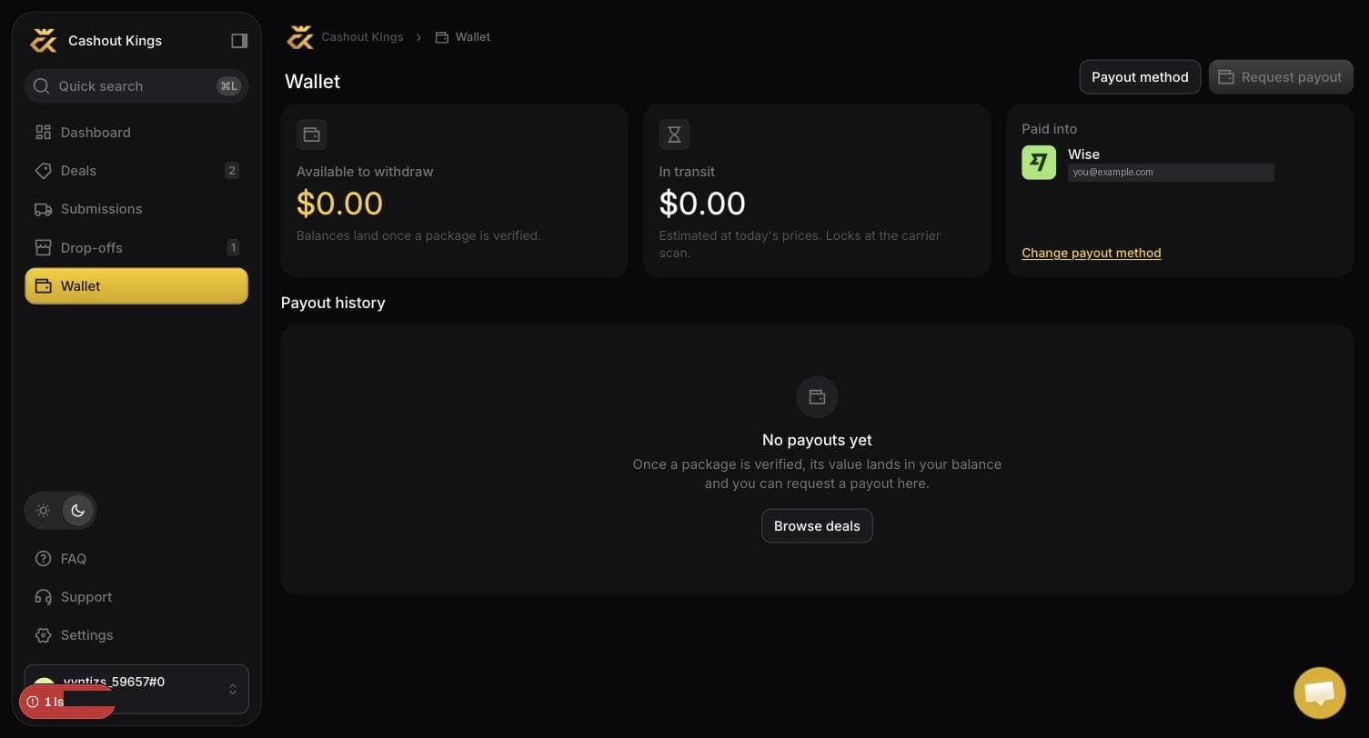 The wallet, showing available balance, in transit, and the payout method on file